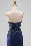 Navy Mermaid Strapless Maxi Dress with Sequins
