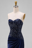 Navy Mermaid Strapless Maxi Dress with Sequins