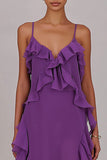 Sheath Ruffled Chiffon Long Plum Dress with Slit