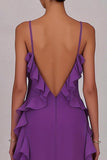 Sheath Ruffled Chiffon Long Plum Dress with Slit