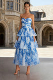 White Blue Flower A-Line Strapless Midi Dress with Ruffles