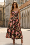 Strapless A-Line Printed Black Pink Flower Midi Dress with Pearls