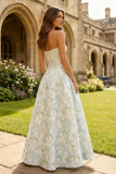 Strapless Blue White Flower Printed A-Line Maxi Dress