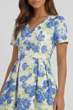 Blue White Flower A-Line Printed Short Sleeves Midi Dress