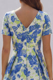 Blue White Flower A-Line Printed Short Sleeves Midi Dress