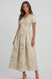Blue White Flower A-Line Printed Short Sleeves Midi Dress