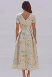 Blue White Flower A-Line Printed Short Sleeves Midi Dress