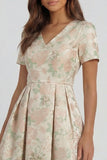 Blue White Flower A-Line Printed Short Sleeves Midi Dress