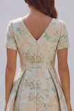 Blue White Flower A-Line Printed Short Sleeves Midi Dress