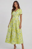Blue White Flower A-Line Printed Short Sleeves Midi Dress