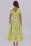 Blue White Flower A-Line Printed Short Sleeves Midi Dress