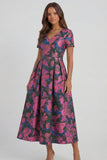 Blue White Flower A-Line Printed Short Sleeves Midi Dress
