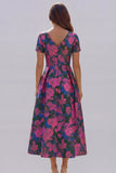 Blue White Flower A-Line Printed Short Sleeves Midi Dress