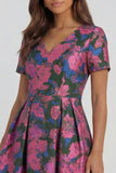 Blue White Flower A-Line Printed Short Sleeves Midi Dress