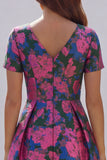 Blue White Flower A-Line Printed Short Sleeves Midi Dress