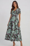 Blue White Flower A-Line Printed Short Sleeves Midi Dress