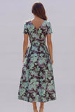 Blue White Flower A-Line Printed Short Sleeves Midi Dress
