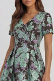 Blue White Flower A-Line Printed Short Sleeves Midi Dress