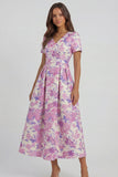 Blue White Flower A-Line Printed Short Sleeves Midi Dress