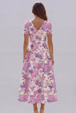 Blue White Flower A-Line Printed Short Sleeves Midi Dress