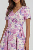 Blue White Flower A-Line Printed Short Sleeves Midi Dress