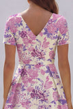Blue White Flower A-Line Printed Short Sleeves Midi Dress
