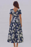 Blue White Flower A-Line Printed Short Sleeves Midi Dress
