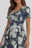 Blue White Flower A-Line Printed Short Sleeves Midi Dress