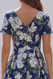 Blue White Flower A-Line Printed Short Sleeves Midi Dress