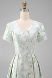 Blue White Flower A-Line Printed Short Sleeves Midi Dress