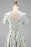 Blue White Flower A-Line Printed Short Sleeves Midi Dress