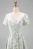 Blue White Flower A-Line Printed Short Sleeves Midi Dress
