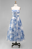 White Blue Flower Strapless A-Line Ruched Midi Dress