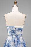 White Blue Flower Strapless A-Line Ruched Midi Dress