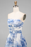 White Blue Flower Strapless A-Line Ruched Midi Dress