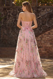 Pink Floral Strapless A-Line Sheer Corset Sequin Long Prom Dress with Slit