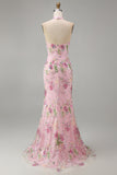Pink Mermaid Halter Sequins Corset Long Prom Dress with Slit