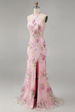 Pink Mermaid Halter Sequins Corset Long Prom Dress with Slit