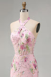 Pink Mermaid Halter Sequins Corset Long Prom Dress with Slit