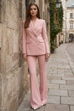 Pink 2 Piece Peak Lapel Double Breasted Slim Fit Women's Work Suits