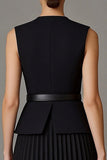 Black Pleated A Line 2 Piece Round Neck Midi Work Dress