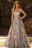 Dusty Blue Jacquard A Line Corset Strapless Long Prom Dress with Slit