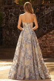 Dusty Blue Jacquard A Line Corset Strapless Long Prom Dress with Slit