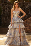 Dusty Blue Jacquard Pearl Strapless A Line Long Tiered Prom Dress with Slit