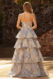 Dusty Blue Jacquard Pearl Strapless A Line Long Tiered Prom Dress with Slit