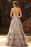 Dusty Blue Jacquard Spaghetti Straps A Line Corset Long Prom Dress with Slit