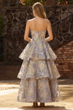 Dusty Blue Jacquard Strapless A Line Corset Tiered Prom Dress with Ruffles