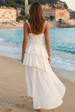 Tulle Ivory V-Neck High-Low Asymmetrical Rehersal Dinner Dress with Ruffles