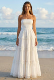 Strapless Ivory A-Line Tiered Long Bridal Shower Dress
