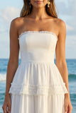 Strapless Ivory A-Line Tiered Long Bridal Shower Dress